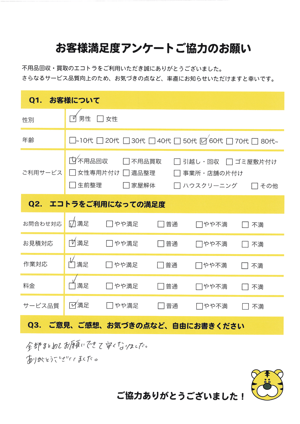 光市で不用品回収をご利用いただいたお客様のアンケート