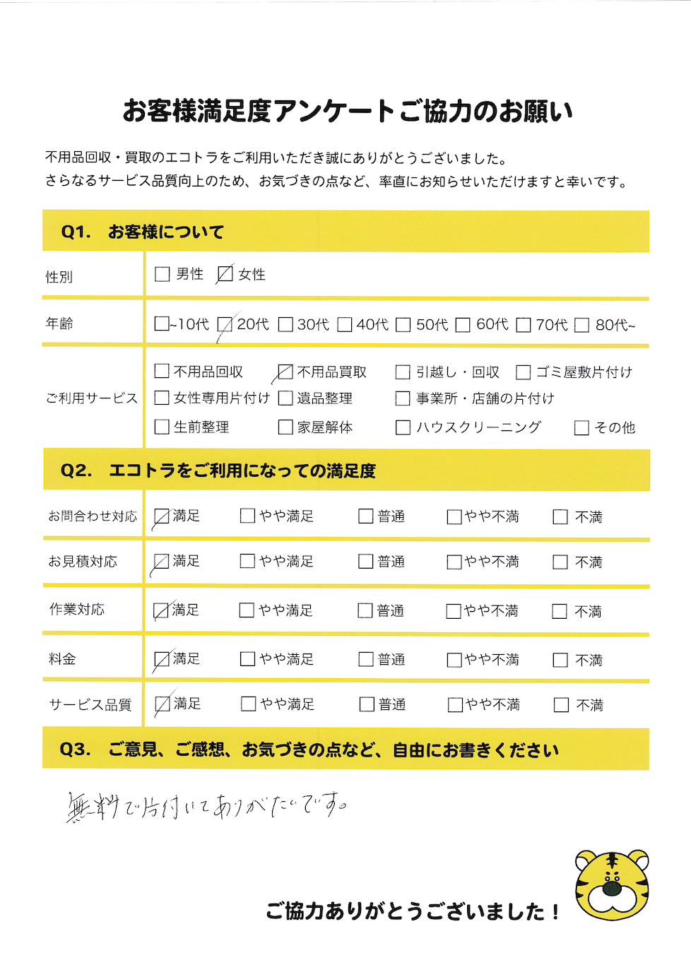 広島市で不用品回収をご利用いただいたお客様のアンケート