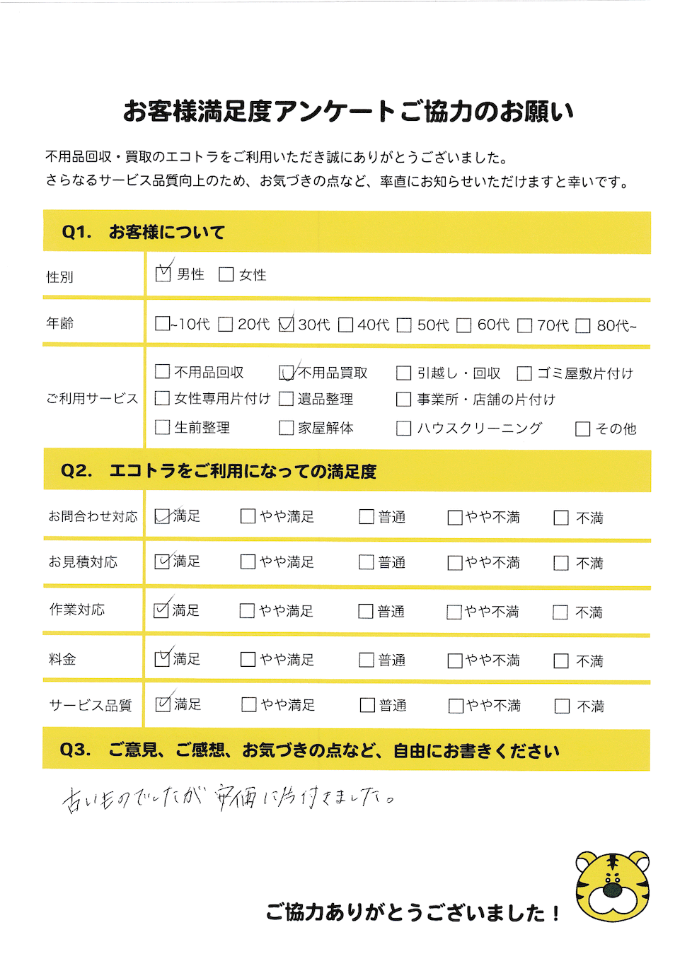 広島市で不用品回収をご利用いただいたお客様のアンケート