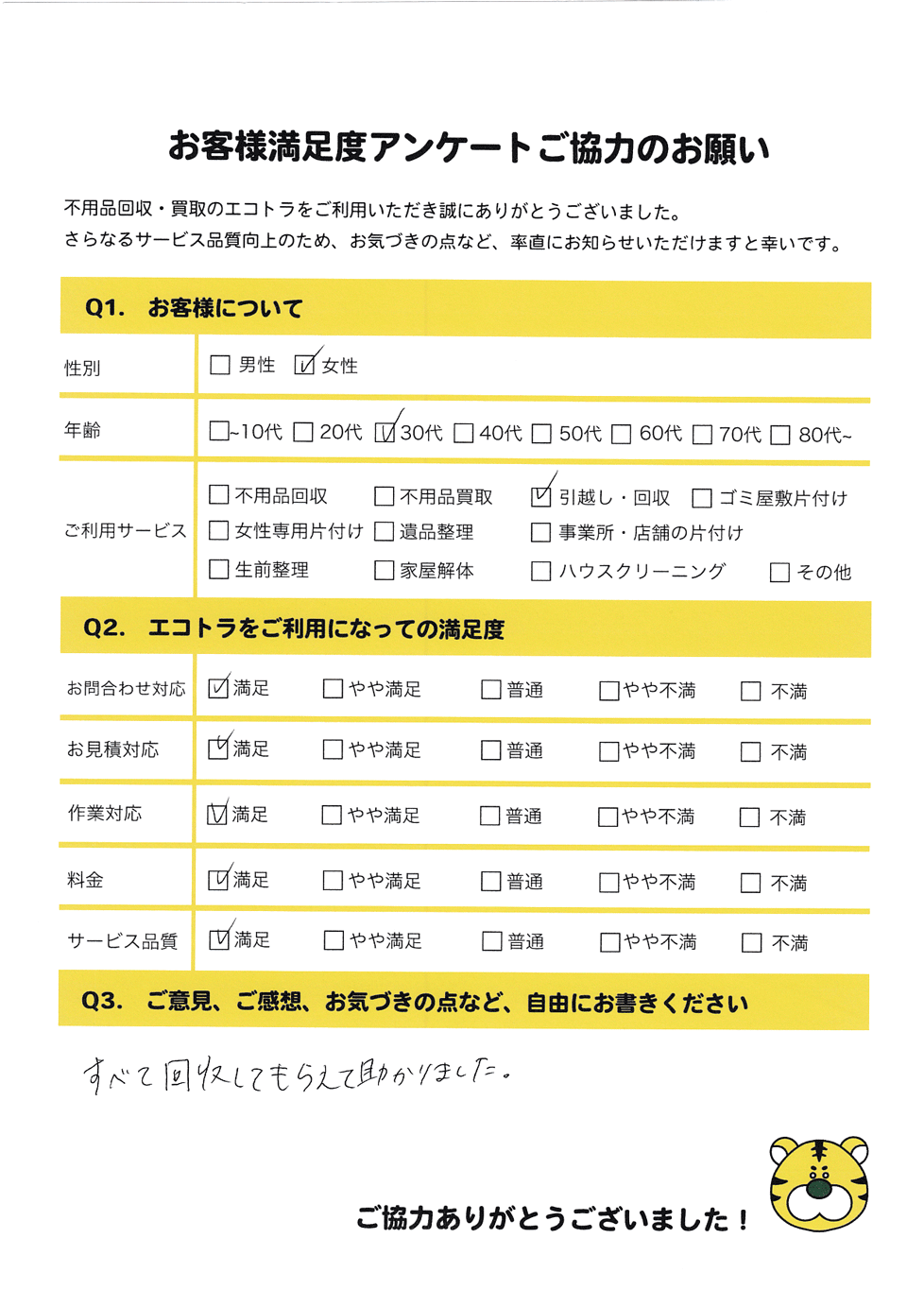 下松市で不用品回収をご利用いただいたお客様のアンケート